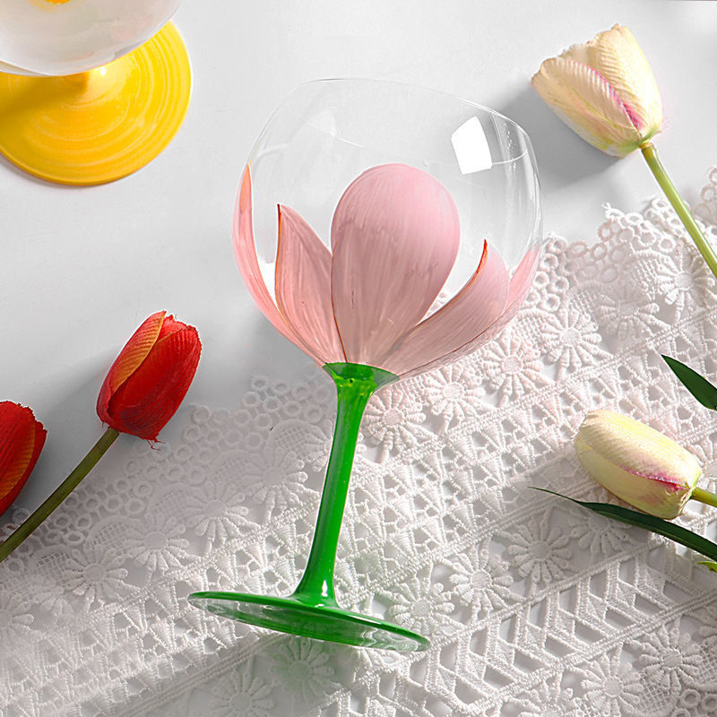 Hand-painted tulip vintage wine glass