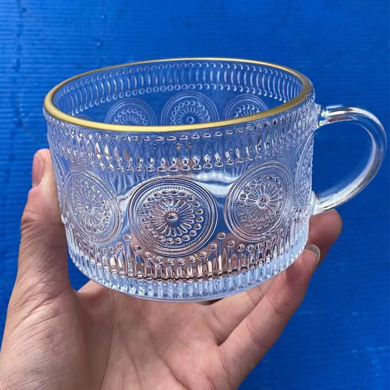 Creative new transparent embossed yogurt cup with handle - glass breakfast cup