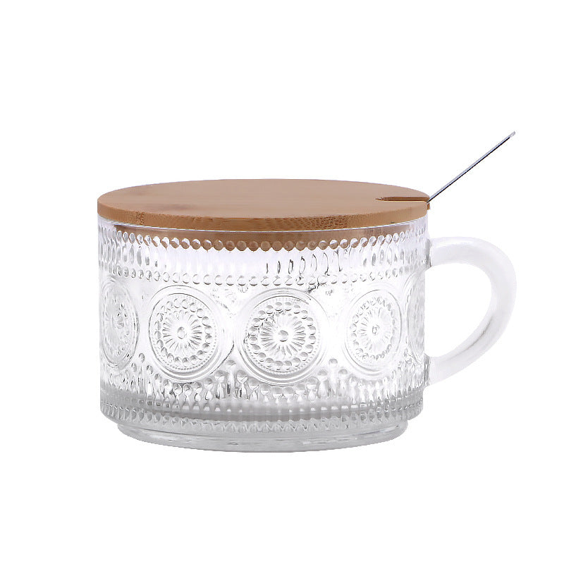 Creative new transparent embossed yogurt cup with handle - glass breakfast cup