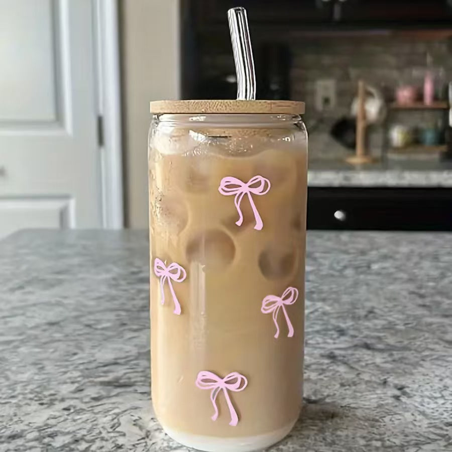 16oz Bamboo Lid Glass Straw Cup, Transparent Printed, High Temperature Resistant for Home Use