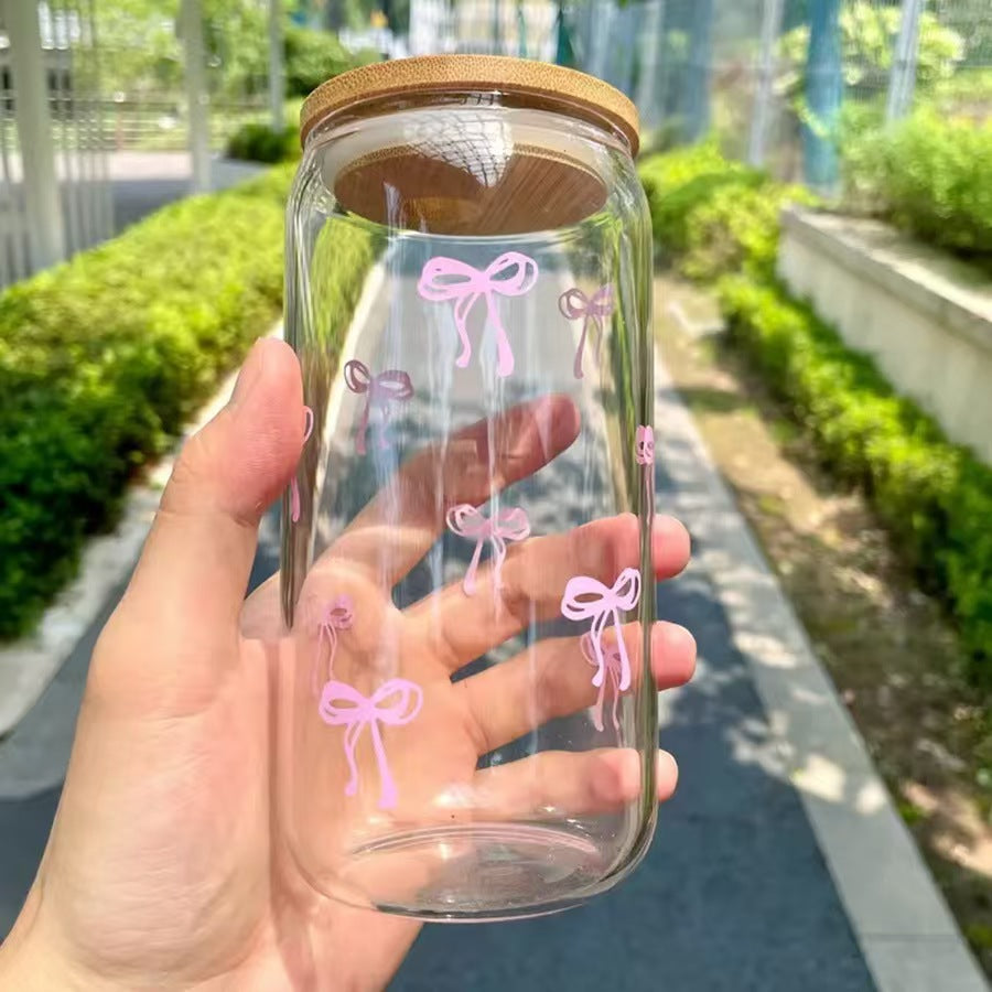16oz Bamboo Lid Glass Straw Cup, Transparent Printed, High Temperature Resistant for Home Use